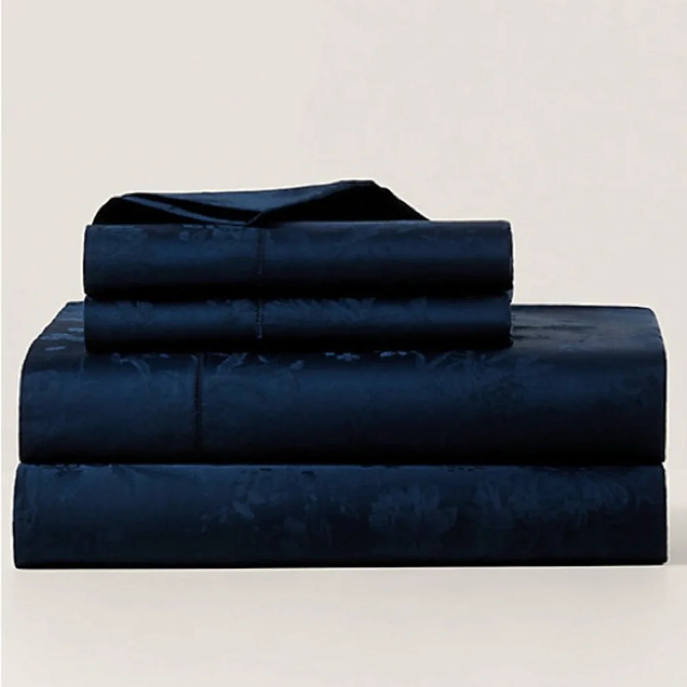 Ralph Lauren Organic Cotton Bethany Jacquard Queen Flat Sheet in Polo Navy, NWT
